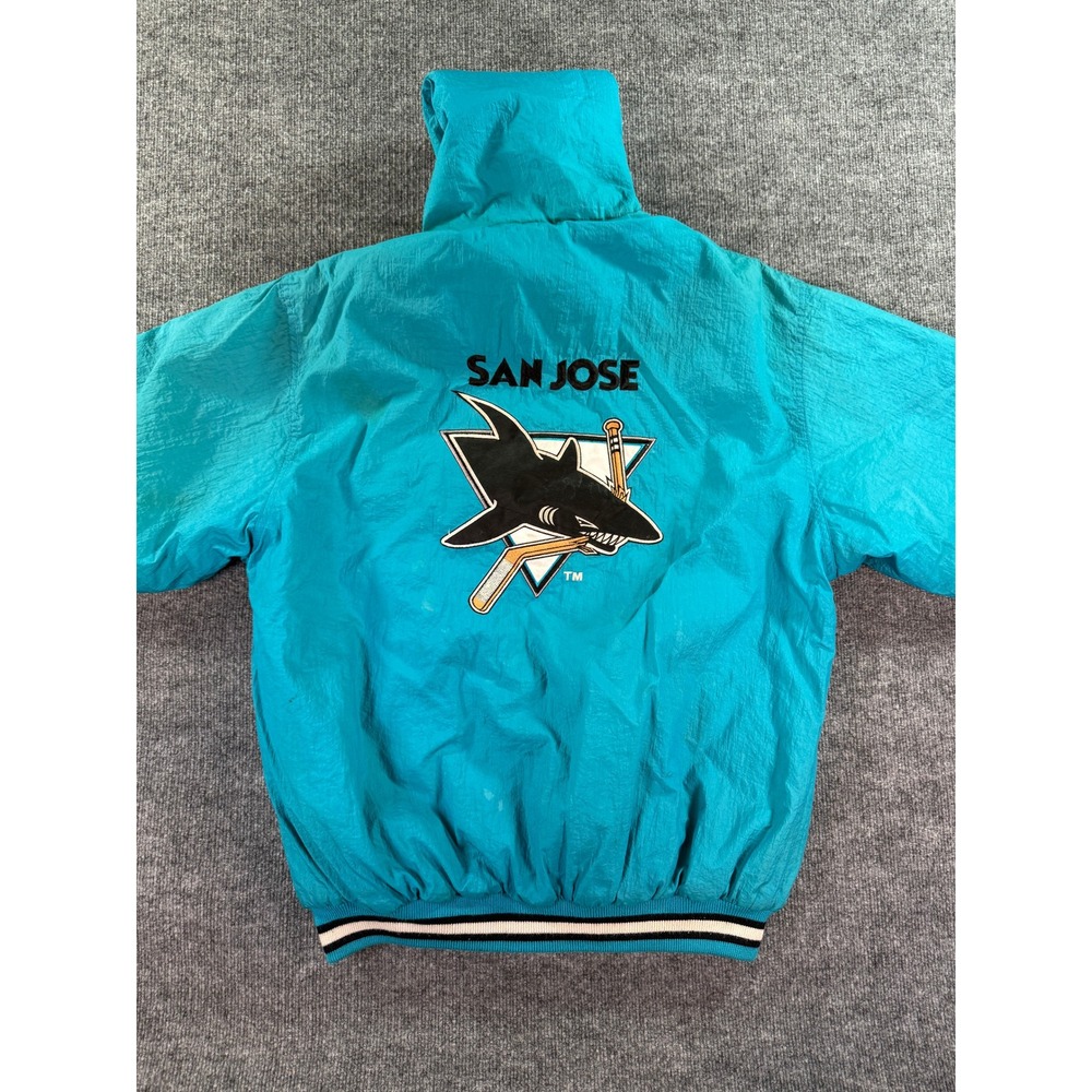 Vintage San Jose Sharks Jacket Mens Medium Teal Competitor 90s NHL Puffer Hooded - Picture 2 of 14